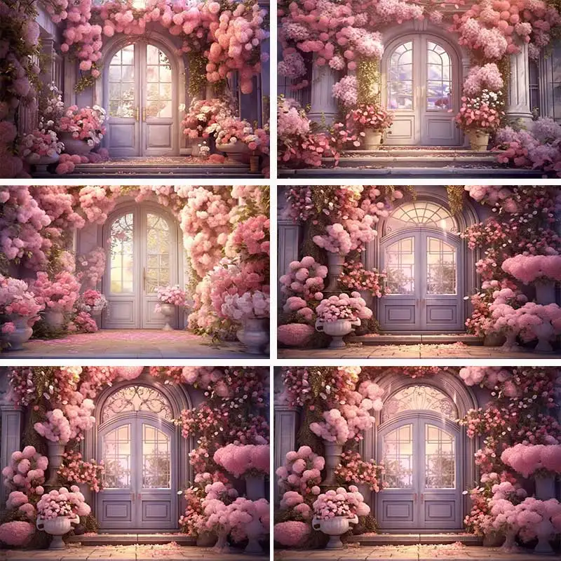 

Floral Door Party Backdrops Girls Princess Birthday Photography Cake Smash Pink Flowers Garden Background Photo Shoot Studio