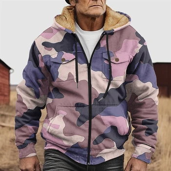 Cappotti tattici con cappuccio in pile invernale da uomo mimetico digitale Tasche con bottoni frontali con cerniera Giacca da esterno per contadino da caccia