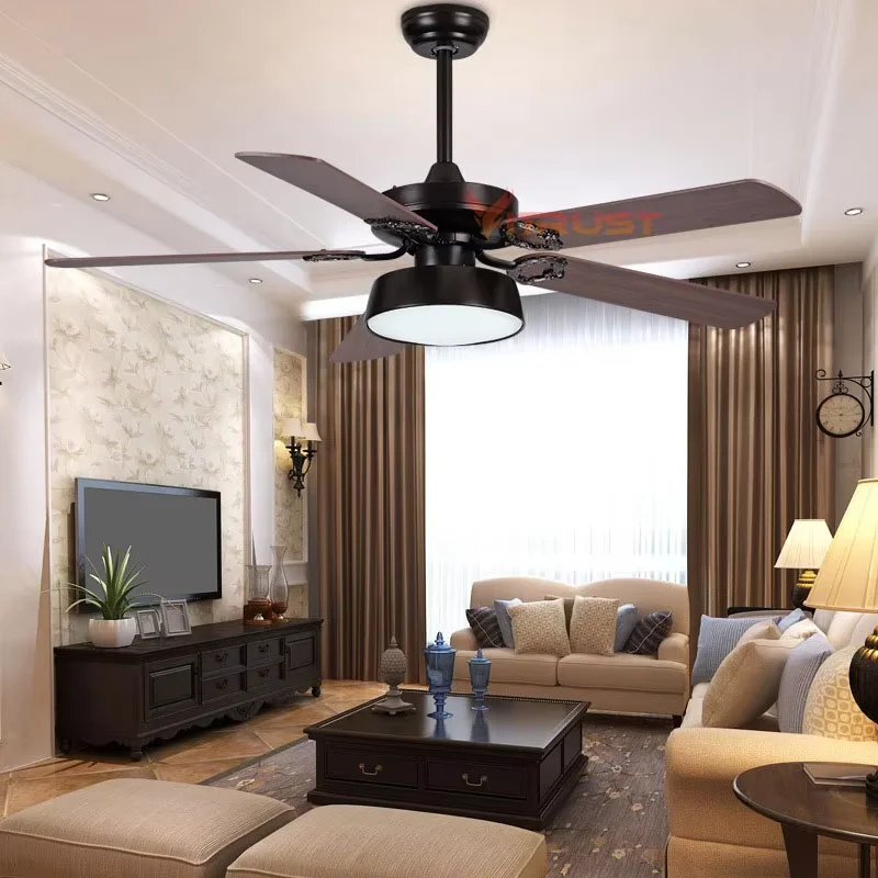 LED Ceiling Fan Light Wood Strong Wind 42in 52inch Remote Control 5 Blade Black White Ceiling Fan Lamp Dining Room Living