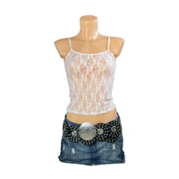 Débardeur transparent en dentelle florale et maille, Vintage des années 90, bretelles Spaghetti, haut d'été sans manches pour femmes, Y2K Fairycore, dos nu, haut court 6