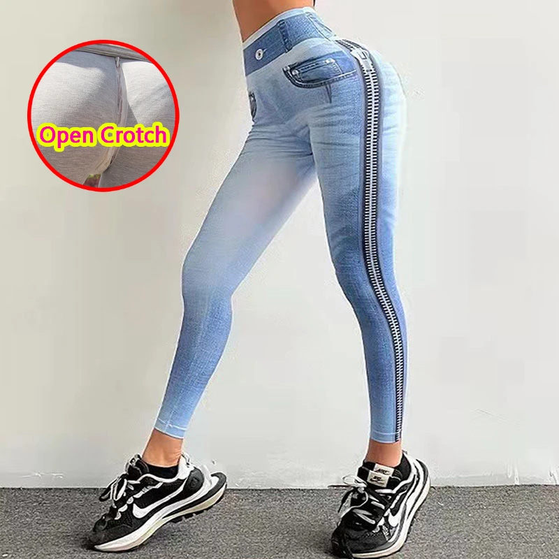 Woman Sexy Open Crotch Leggings Fake Denim Jeans Crotchless Hidden Zipper Holes Hot Pants Elastic High Waist Thin Club Sex Game