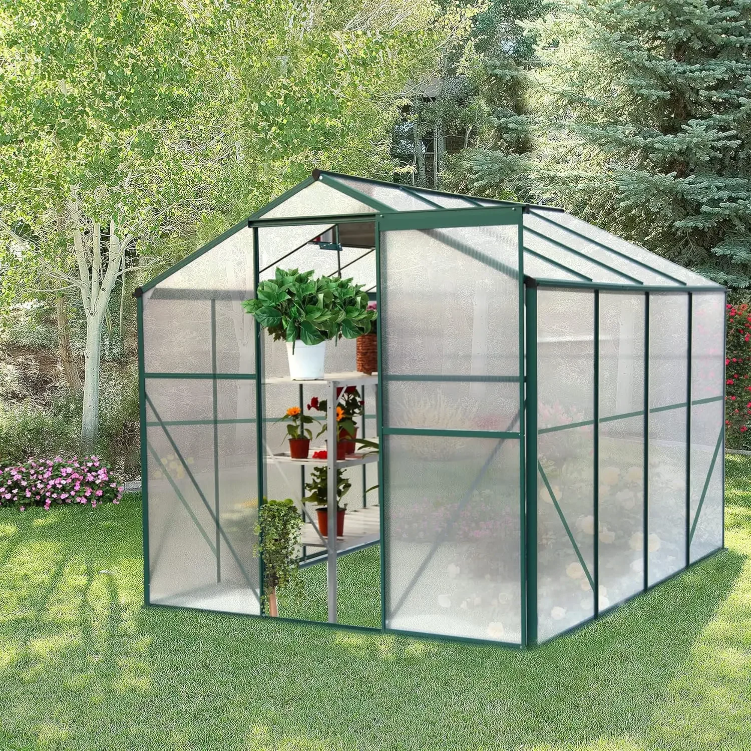 

6x8 FT Hybrid Polycarbonate Greenhouse with Lockable Hinged Door,Sliding Door and 2 Vent Window,Walk-in Hobby Aluminum Hot House