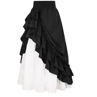 Casual Dual Layer Skirt Button Renaissance Costume Women Back Double Ruffle Long Shirring Skirt Waist Elastic Band Maxi Length
