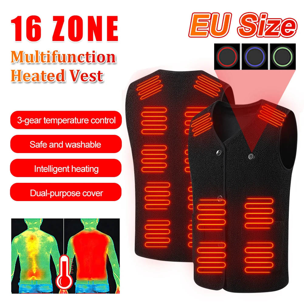 

16 Heating Areas Heated Vest for Men Fleece Jacket USB Power Adjustable Temperature Winter Warm Vest for Outdoor Hiking Camping