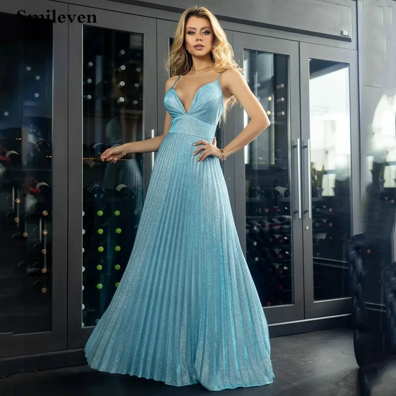 

Smileven Sky Blue Shiny Wedding Dresses A Line Sexy Spaghetti Straps Bride Dresses Robe De Mariee Wedding Gowns 2023