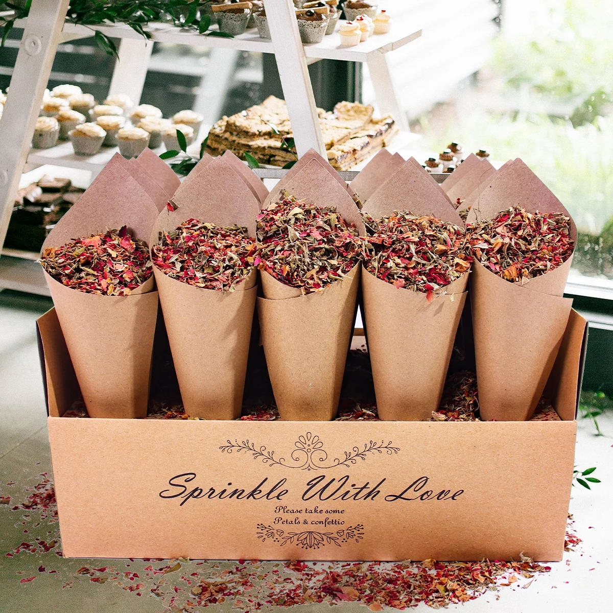 Kraft Paper Wedding Confetti Cone Stand Box Rose Flower Rustic Wedding