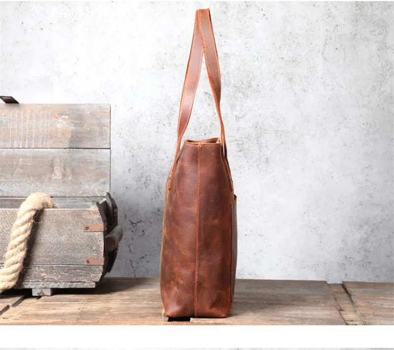 Simple vintage high-quality natural genuine leather unisex tote bag casual crazy horse cowhide large-capacity laptop handbag