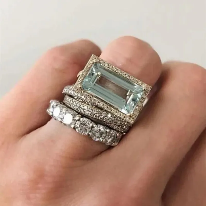 Blue Square Zircon Three-Piece Ring Set - Fashion Jewelry for Women