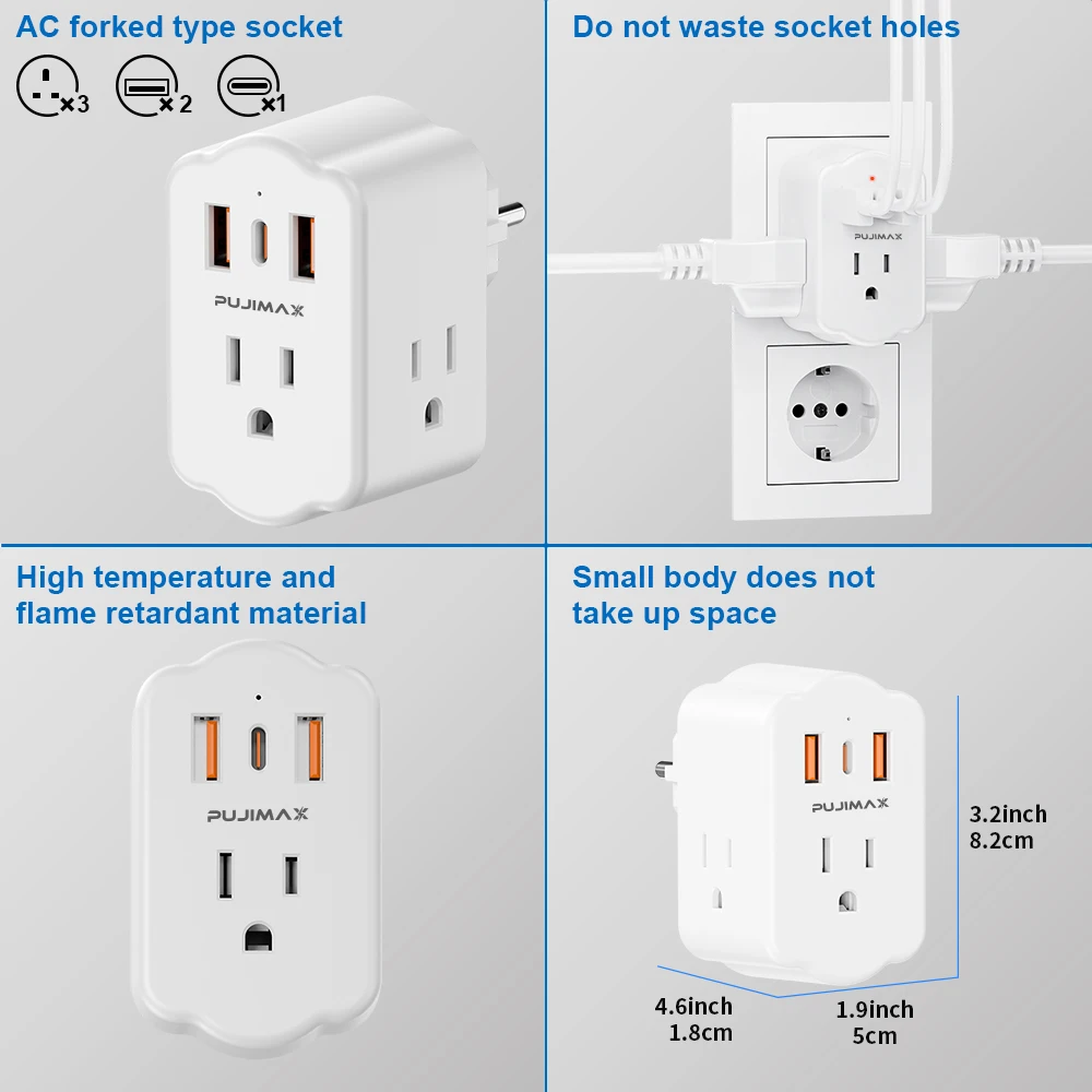  ﻿ PUJIMAX Us To India Plug Adapter, India Travel Adapter With 3 USB (1 Type C) Chargers & 3 American Outlets For USA to