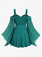 ROSEGAL Plus Size Cold Shoulder Sheer Mesh Flare Sleeves Tops Women's Autumn Costume Green Casual Blouses - Image 2