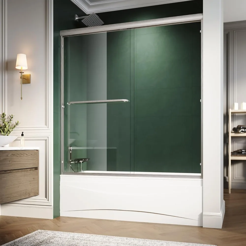 H Bypass sliding tub glass door, semi-frameless shower door, 1/4 inch. Transparent tempered glass with brushed nickel finish 2