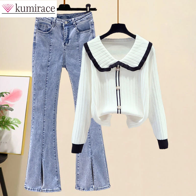 Autumn 2022 South Korea New Wearing and Wearing Set Elegant Women's Doll Neck Knitwear Mini Flare Jeans Two Piece Set