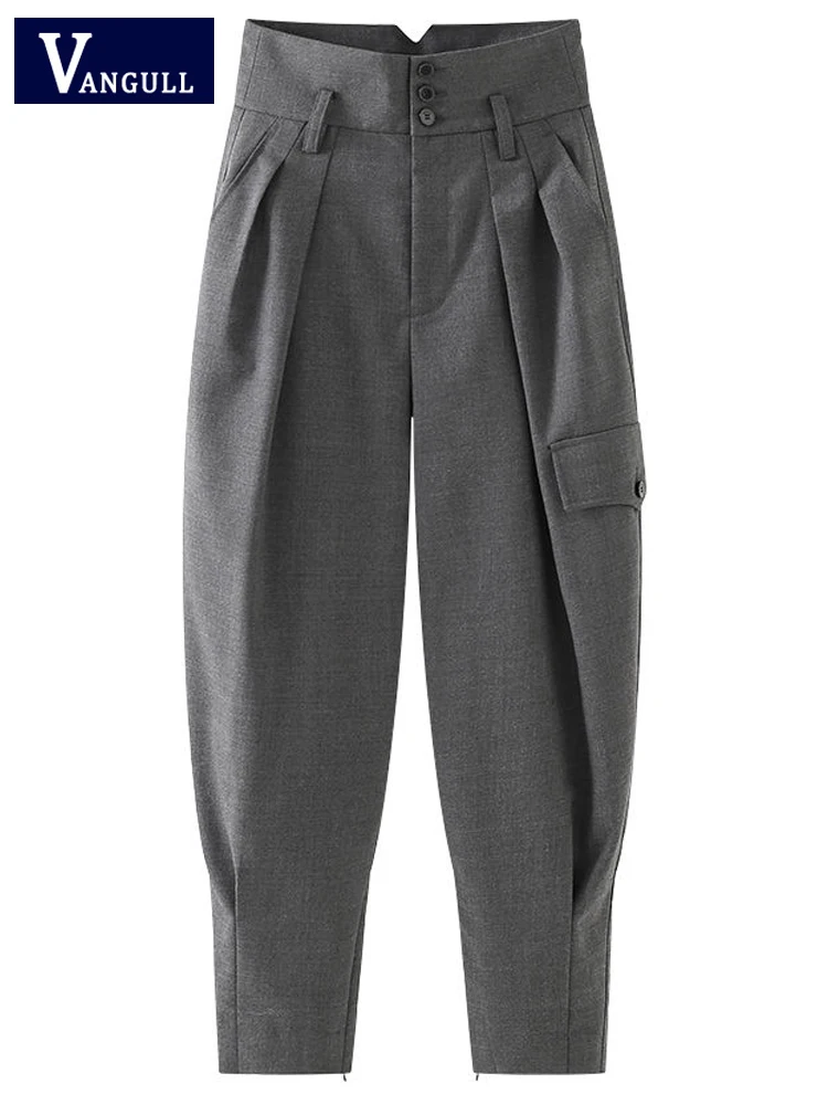 

Vangull Fashion Gray Cargo Pants Women High Waist Solid Tie Feet Trousers Female Casual New Pocket Jogger Ladies Harem Pants