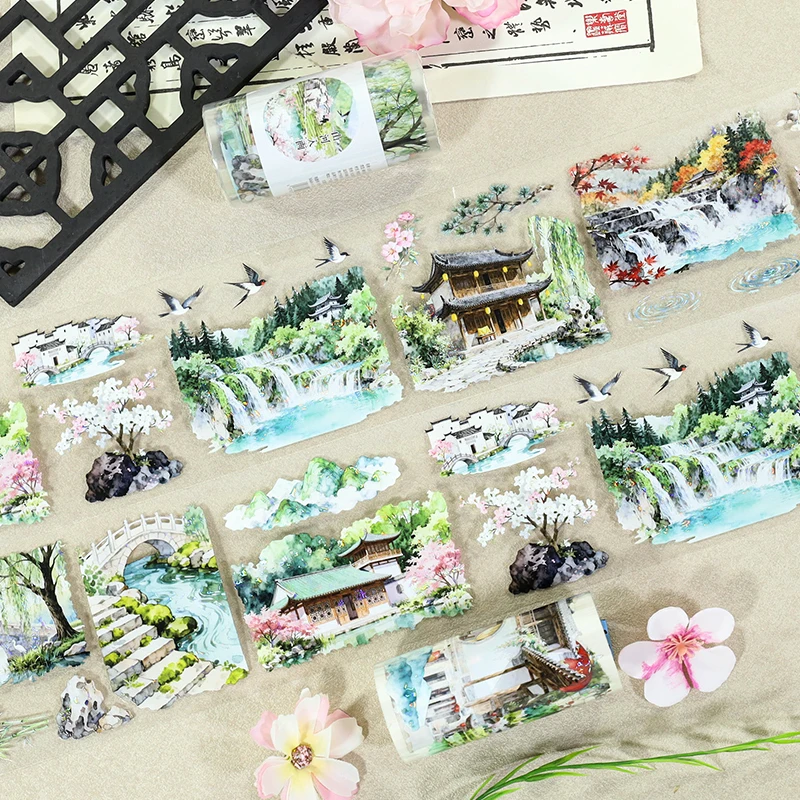 8cm * 2m 중국 복고풍 건축 PET Washi 테이프 폭포 투명 스티커 일기 스크랩북 용 장식 접착 테이프