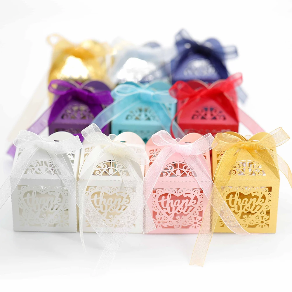 

50Pcs Heart Wedding Candy Box Laser Cut Thank You Sweets Gift Favor Boxes With Ribbon Party Decor Wedding Gifts For Guest Favors