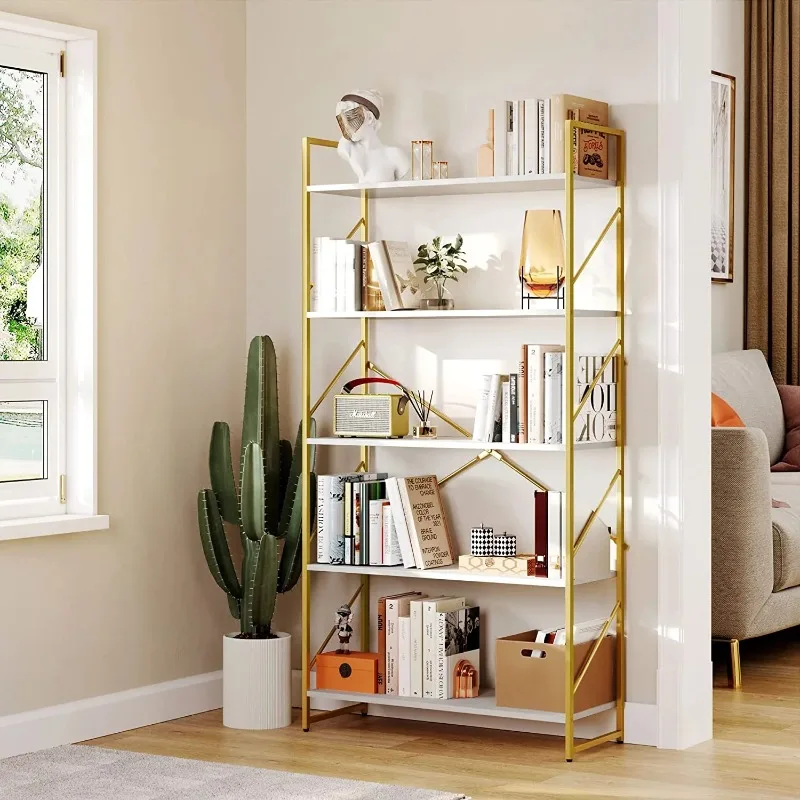 

Dextrus 5 Tiers Bookshelf and Bookcase, Modern Wide Gold Bookcase, Open Storage Book Shelves for Living Room Bedroom