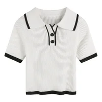 T-shirt manches courtes col Polo pour femme, couleur contrastée, tricoté sur les épaules, Slim, Design Sense, Niche, hauts courts, été 2
