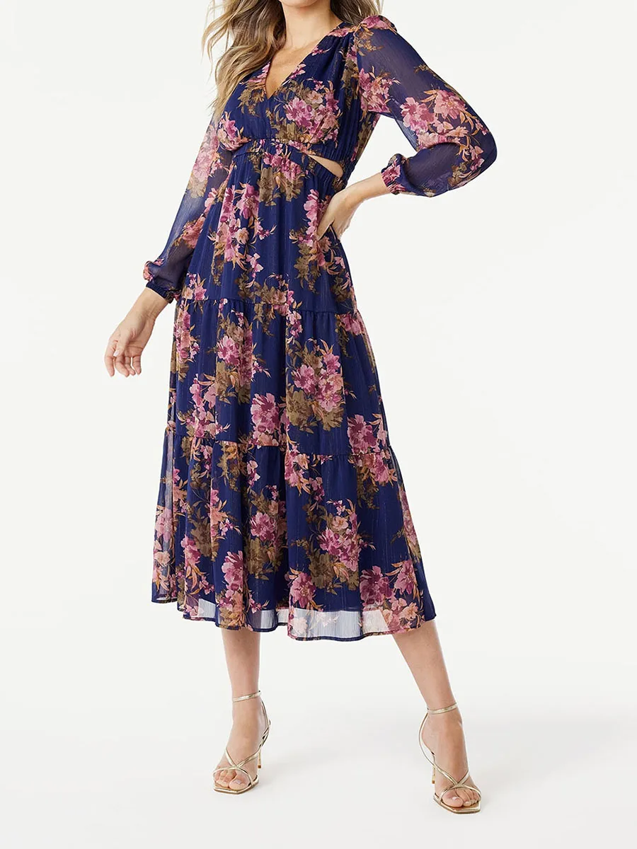 

Женское длинное платье с запахом, повседневное пляжное платье макси в стиле бохо с цветочным принтом, V-образным вырезом, длинным рукавом и вырезами, весна-осень