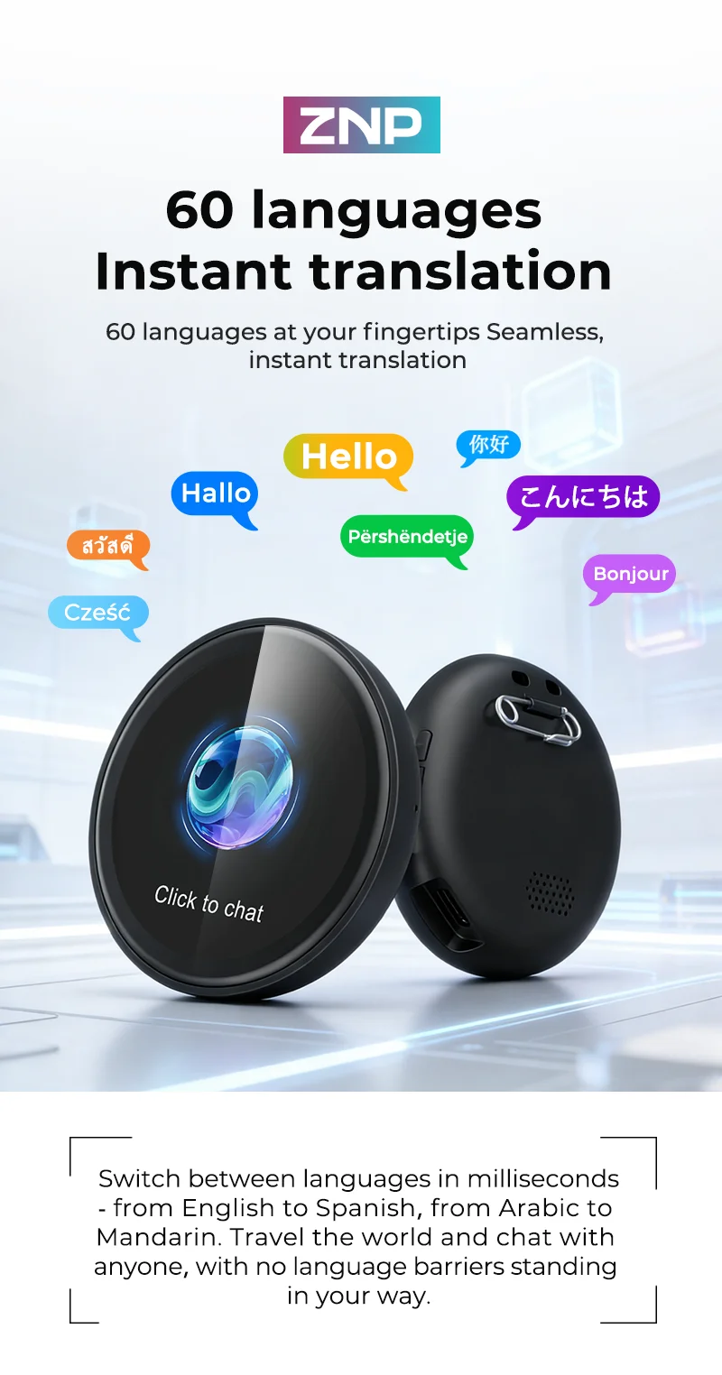 ZNP AI smart badge wearable assistant with real-time translation and voice interaction