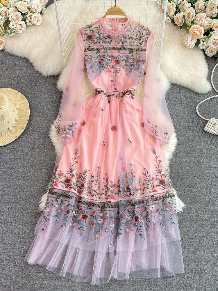 

New Summer Flower Letter Embroidery Dress 2023 Fashion Women Long Sleeve Mesh Lace Ruffles Gorgeous Tulles Dresses Vestidos