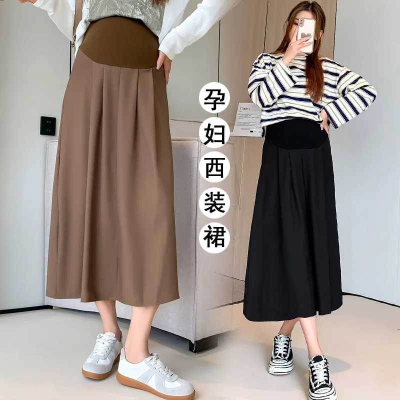 Spring Summer Casual Maternity Skirts High Elastic Waist Belly Straight Clothes For Pregnant Women Pregnancy Pleated Loose