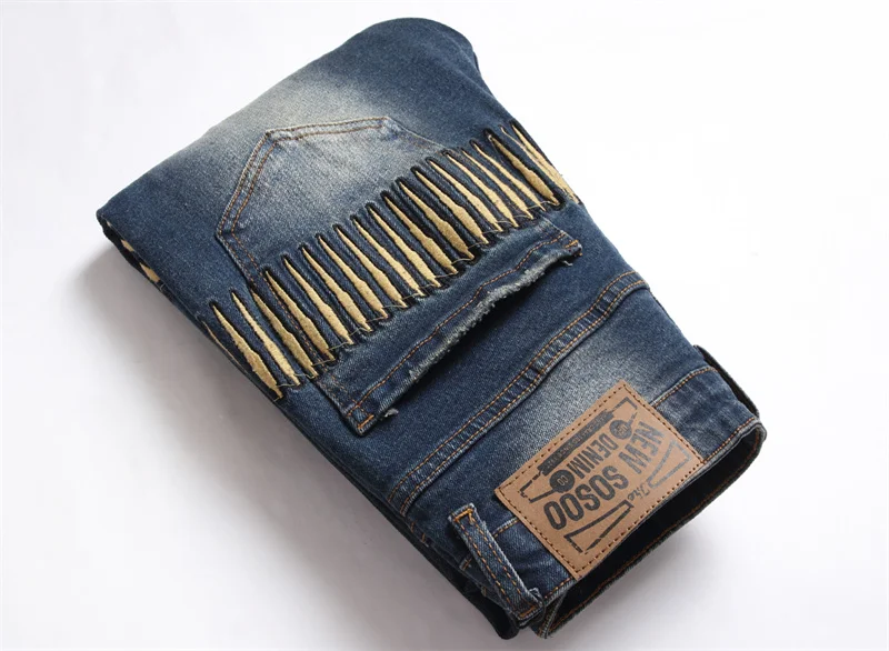 Description Picture 3 of itemNostalgic Ripped Jeans Men's Unique Embroidery Design Fashion Street Fashion Elastic Slim Fit Skinny Motorcycle Retro Trousers