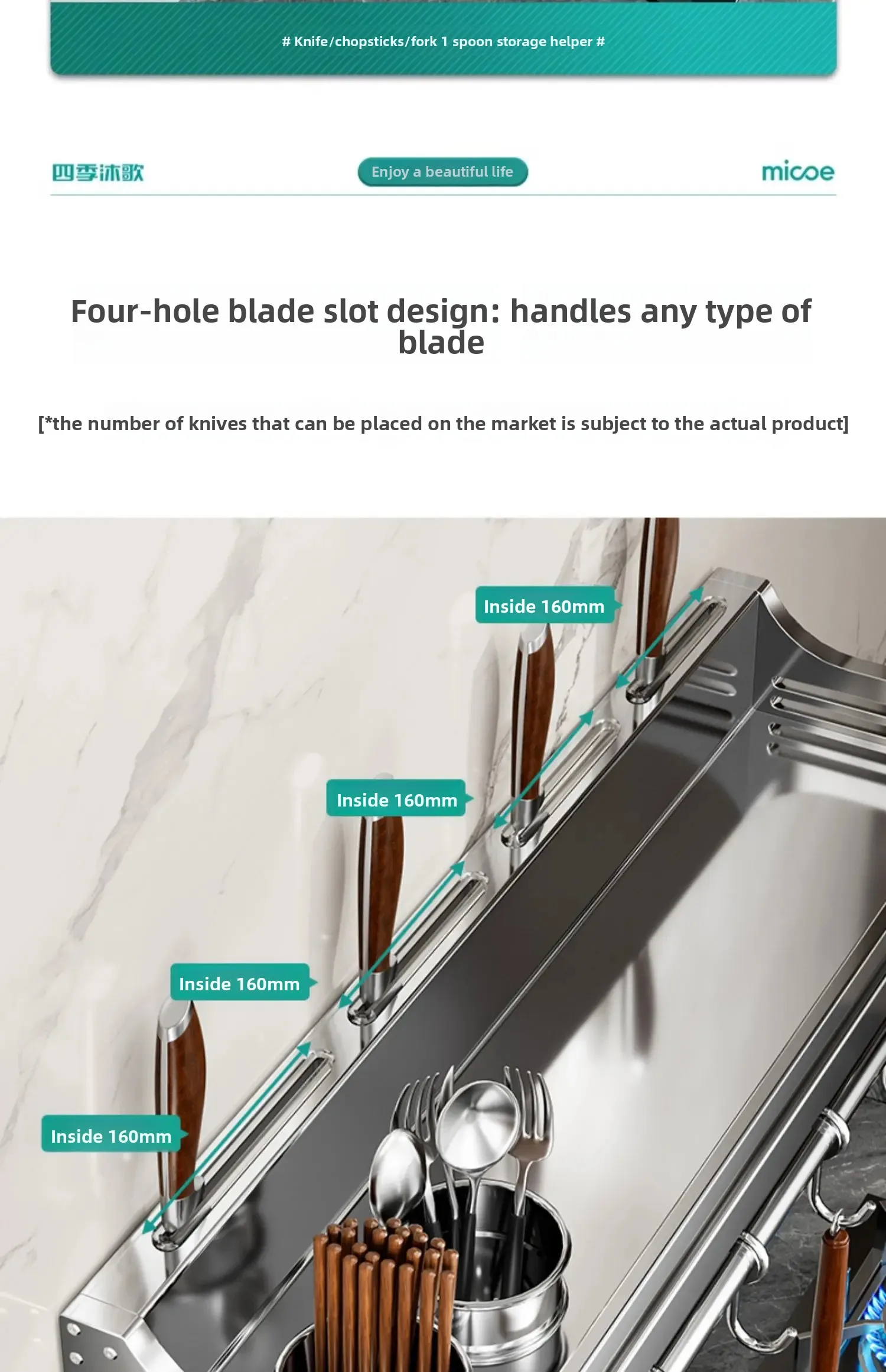Stainless Steel Wall-Mounted Kitchen Storage Rack No-Drill Spice Shelf Knife Holder Condiment Organizer for Kitchen Counter