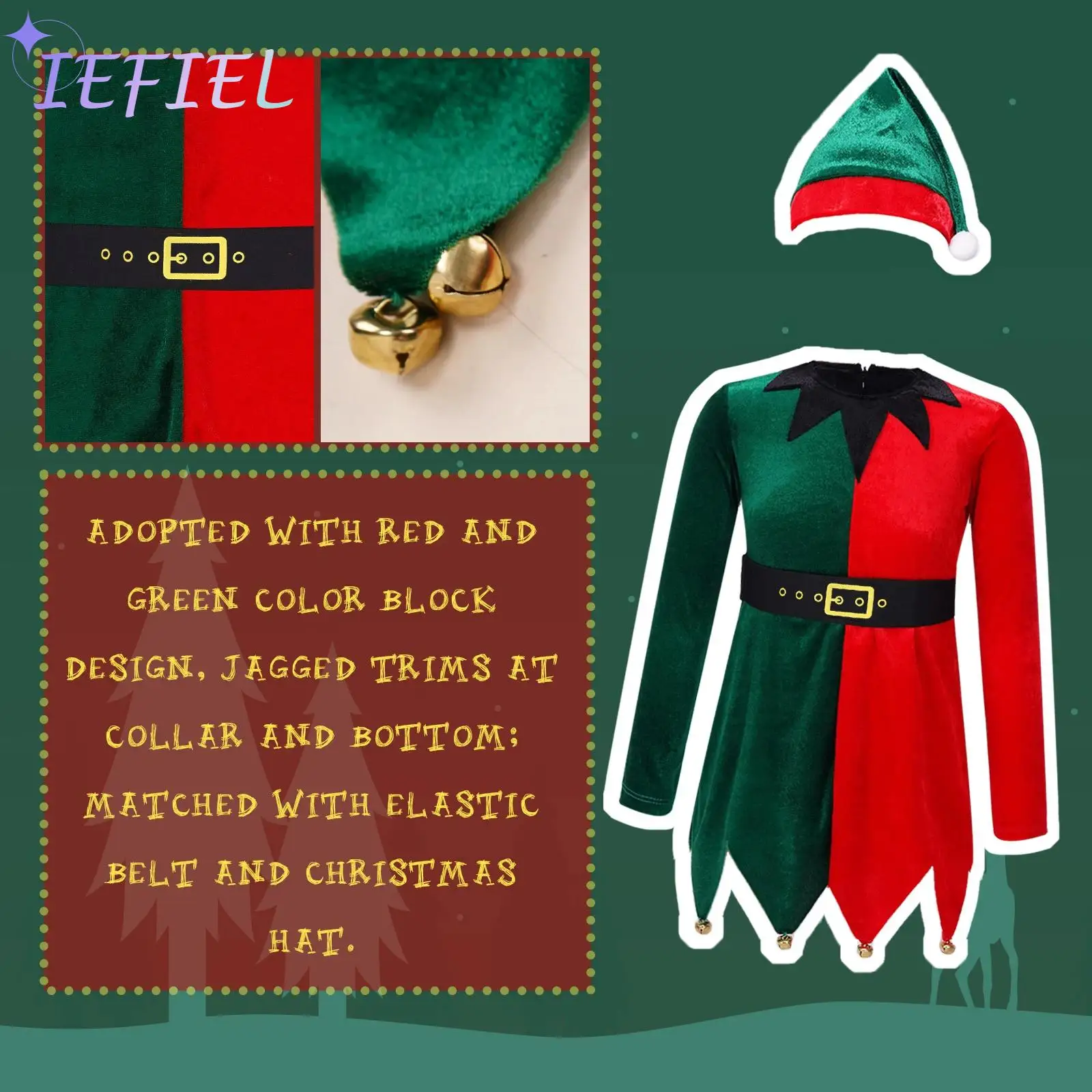 

Kids Boys Girls Christmas Elf Outfits Jagged Trim Santa Clause Cosplay Costumes Xmas Party New Year Festival Fancy Dress-up