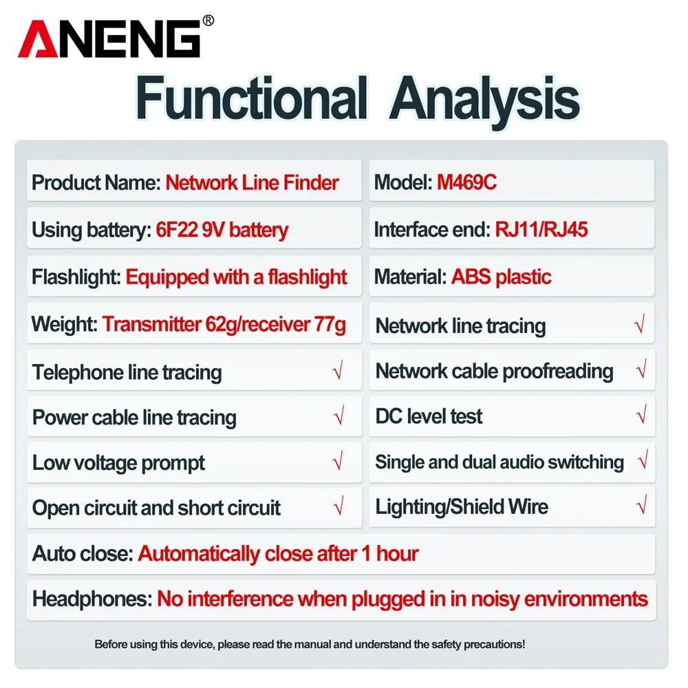 ANENG M469C Multifunction Smart Network Cable Finder RJ45 RJ11 LAN Cable Tester Finder Wire Tracker Receiver Network Repair Tool