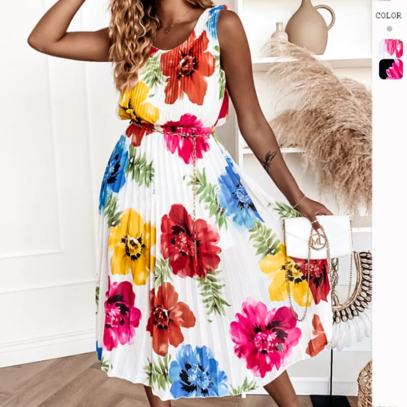 

High Quality 2024 Sexy Women Clothes Female Print Dress Sandbeach Vacation Pleated Skirt Spring Summer High Waist Spicy Traf Y2k