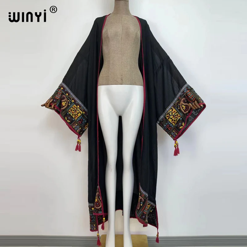 WINYI 2022 summer Sexy See Through Embroidered Long Kimono stitch Beachwear Women Tops and Blouses Middle East Muslim Abaya long flowy beach dress