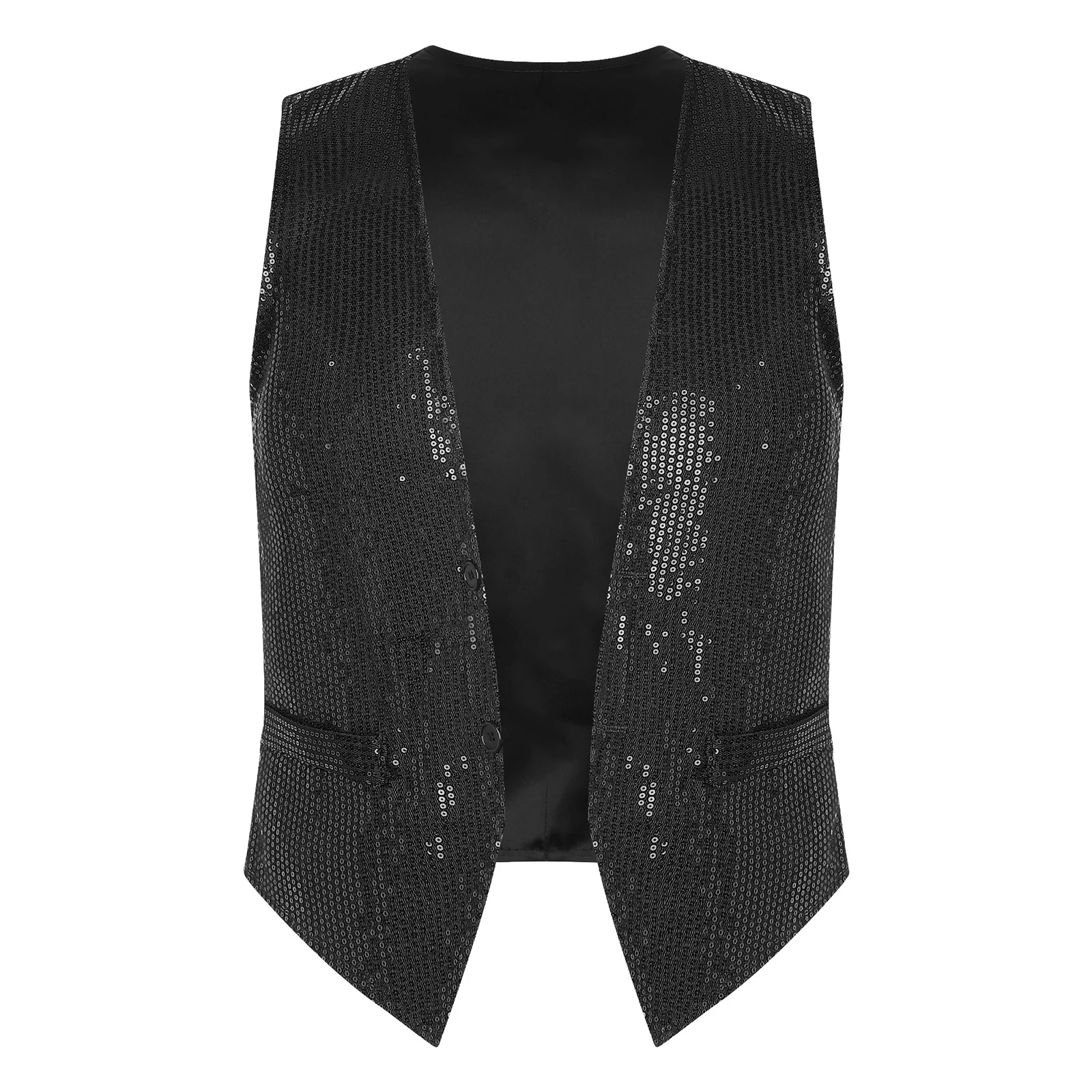 MensShinySleevelessSequinVestFashionVNeckWaistcoatJacket
