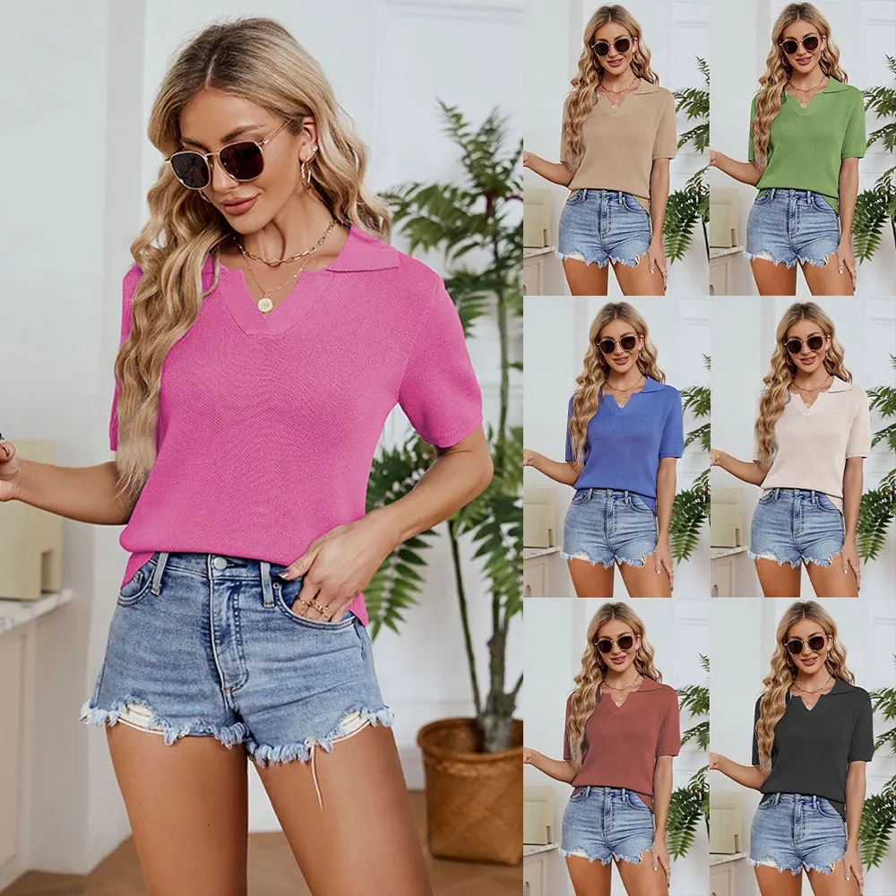 

Летняя шелковая футболка с коротким рукавом, вязаная Свободная рубашка с рукавом до локтя, Однотонная футболка с V-образным вырезом и коротким рукавом, топы для женщин