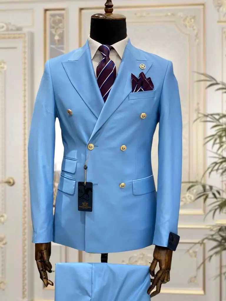 Light Blue Red Green Double Breasted Slim Fit Men Suits Wedding Tuxedos Groom Business Party Prom Best Man Blazer Costume Homme
