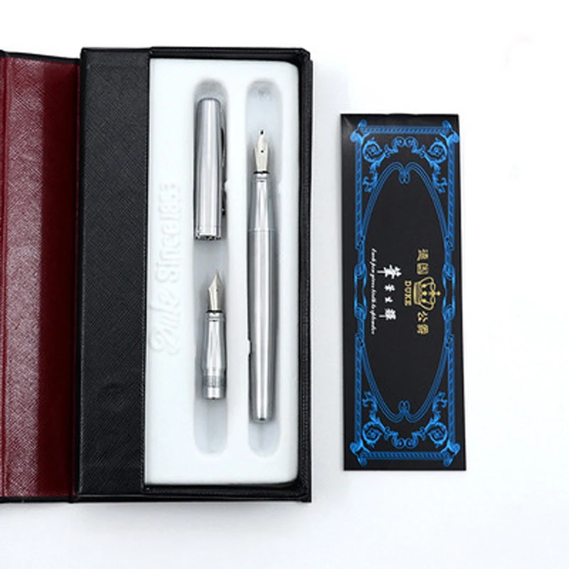 Duke 209 Classic Steel Calligraphy & Fountain Pen Set Two Nibs Ideal For Writing & Painting Pure Silver With Gift Box GFP002