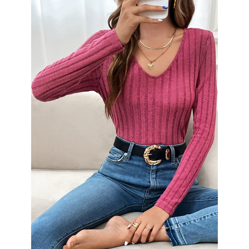 Autumn and Winter New Casual Temperament Women's Clothing V-neck Long Sleeve Solid Color Oversize Versatile Commuter Pullover