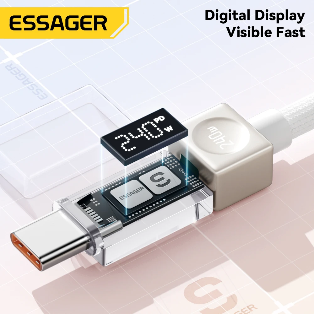 Essager 240W USB Type C Cable 100W PD 3.1 Fast Charging LED Display Charger Wire For MacBook iPhone Samsung Xiaomi iPad Laptop
