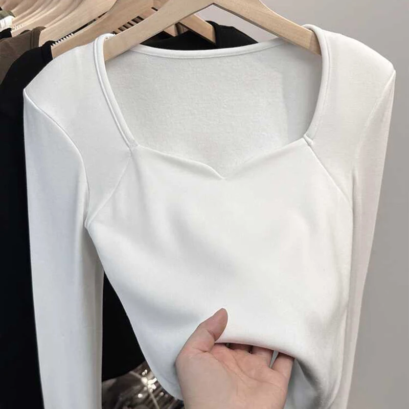 Autumn Winter Women Bottoming Shirts Intimates Long Sleeve Underwear Lady Undershirt Square Neck Plus Velvet Thermal Tops