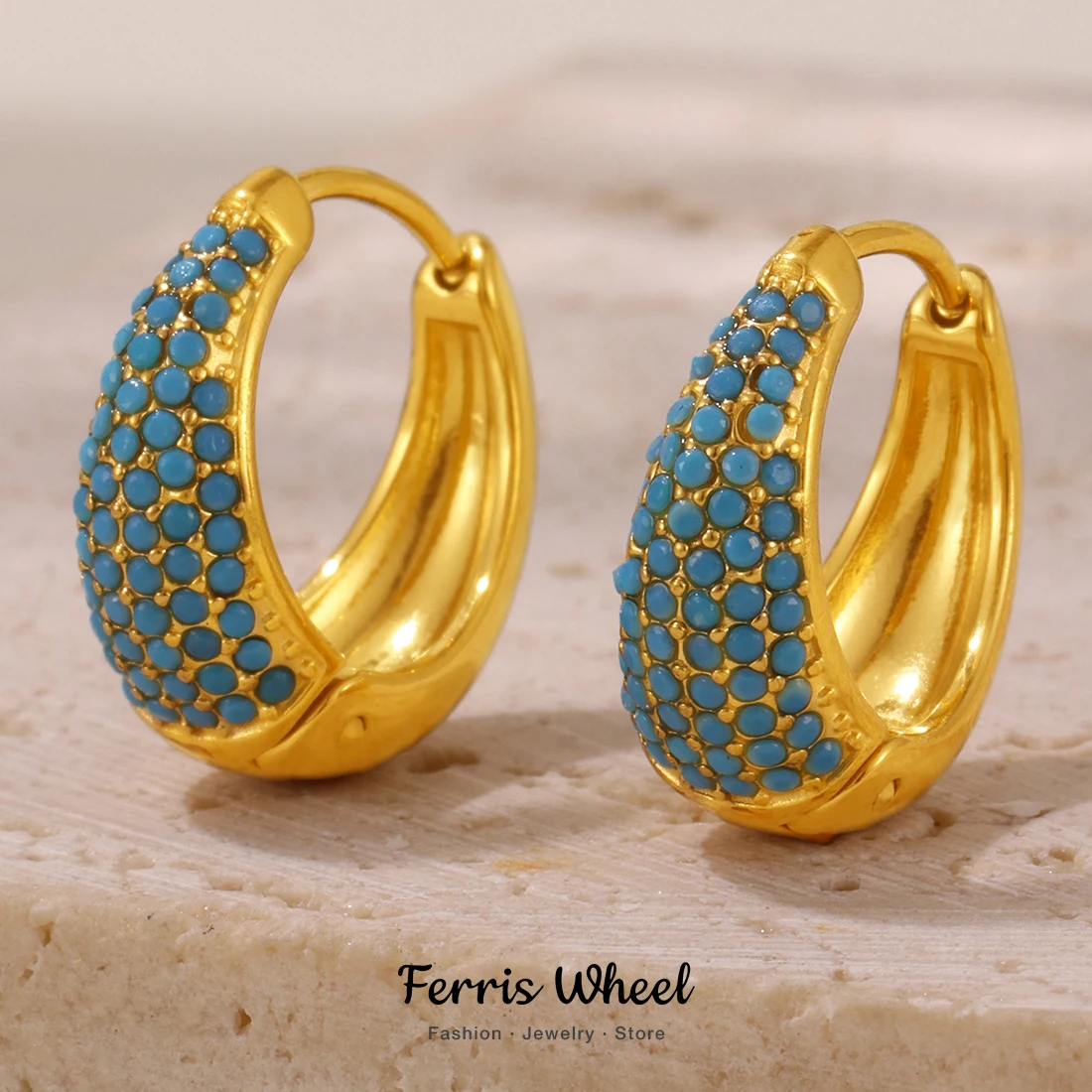 Schicke runde Zirkon-Ohrringe für Damen, vergoldeter Edelstahl, luxuriöser türkisfarbener Steine-Ohrring, wasserdichter Charm-Schmuck, Geschenk