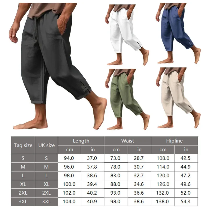 New Summer Men's Casual Pants Solid Color Elastic Waist Pockets Loose Nine-minute Pants Sports Breathable Wide-leg Harem Pants