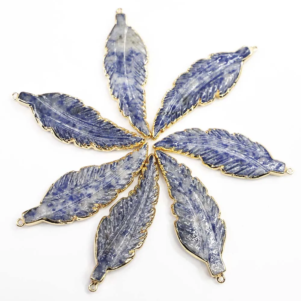 

Fashion Natural Sodalite Stone Leaf Feather Necklace Pendant Sweater Chain Stylish Charms DIY Jewelry Accessories Wholesale 4Pcs