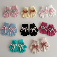 New Winter Cute Solid Color Bow Children Warm Gloves Girls Five Finger Gloves Korean Fashion Windproof Student Cycling Mittens 1