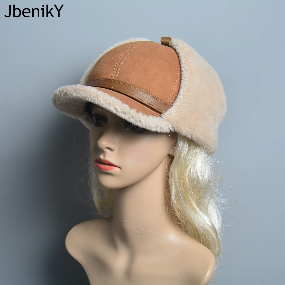 Real Fur Wool Hat Unisex New Winter Warm Bomber Russian Ushanka Hats With Ear Flaps Cow Leather Thick Snow Earflaps Baseball Cap