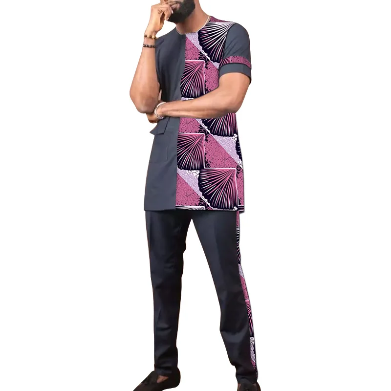 

Black Men's Pant Sets Patchwork Shirts+Solid Trousers Short Sleeve Tops With Pocket Male African Wedding Groom Suits