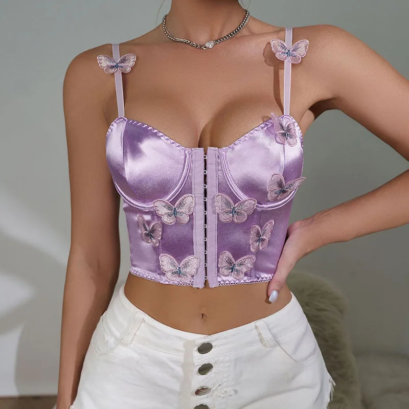 Satin Embroidered Butterfly Purple Push Up Camisole Top Summer Women Corset Aesthetic Y2k Girl Bustier Sling Cropped Tank Vest