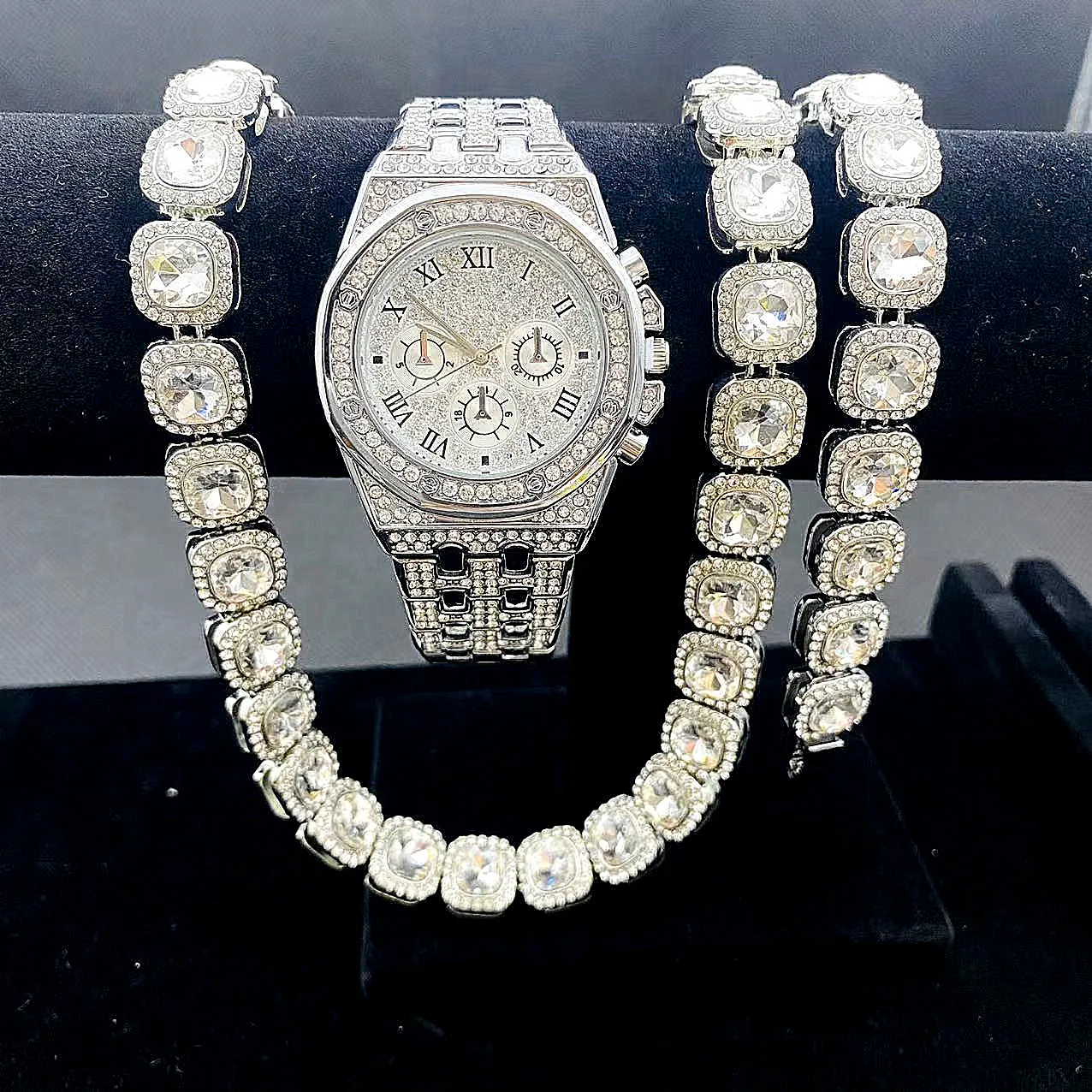 Top Brand 12mm Necklace +Watch+Bracelet Tennis Hip Hop Miami Curb Cuban Chain Iced Out Paved Rhinestones Women Men's Jewelry Set