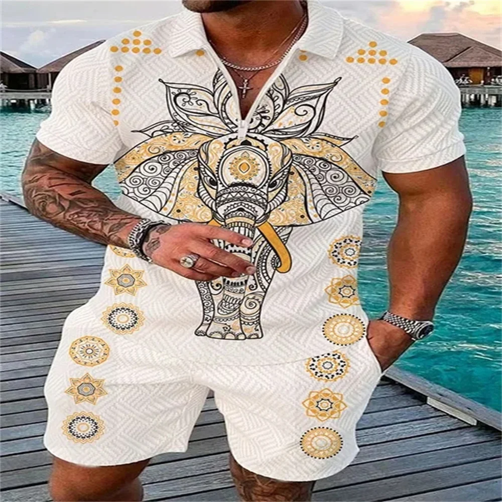 Men's casual sportswear suit, zip-up short-sleeved Polo shirt, two-piece street polo shirt sports casual shorts new 2024