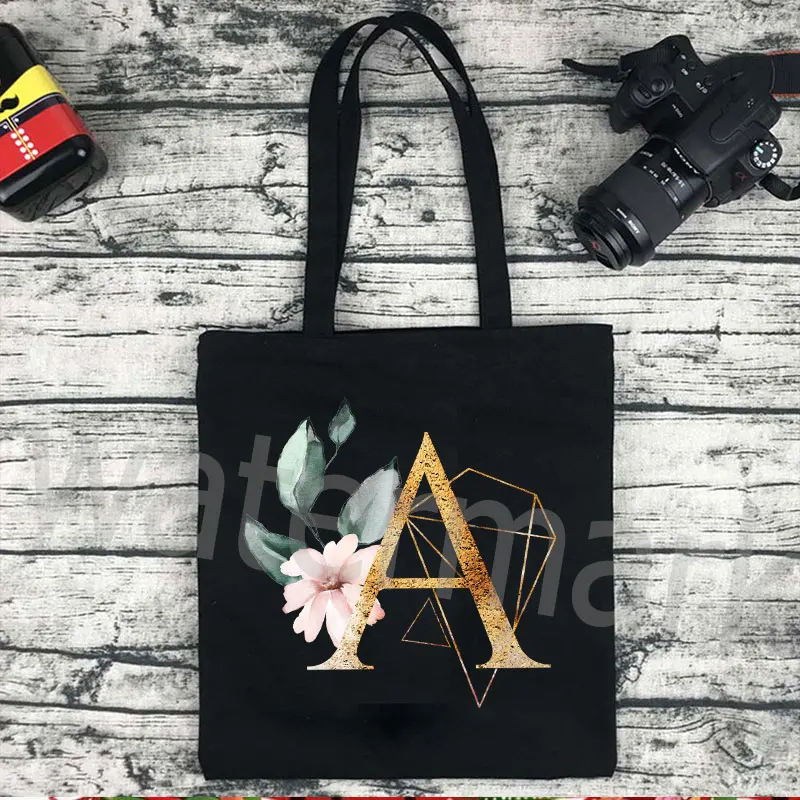 Flowers Alphabet Women Canvas Shopping Tote Bags Large Capacity Student Toiletries Organizers Casual shopper Letter Bags Gift