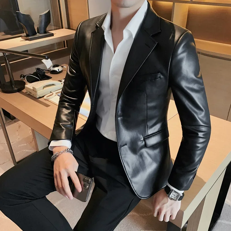 남성 슬림핏 캐주얼 가죽 재킷, 남성 코트, 브랜드 의류, 가을, 겨울, 패션