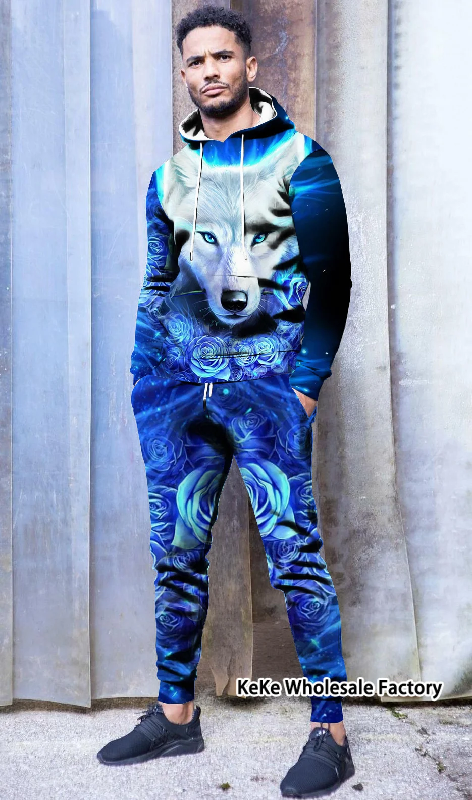 New Animal Wolf Hoodies Sets Man Fleece Fashion Casual Sweatshirts Sweatpants Long Sleeves Tracksuit Oversized Clothing Outfits